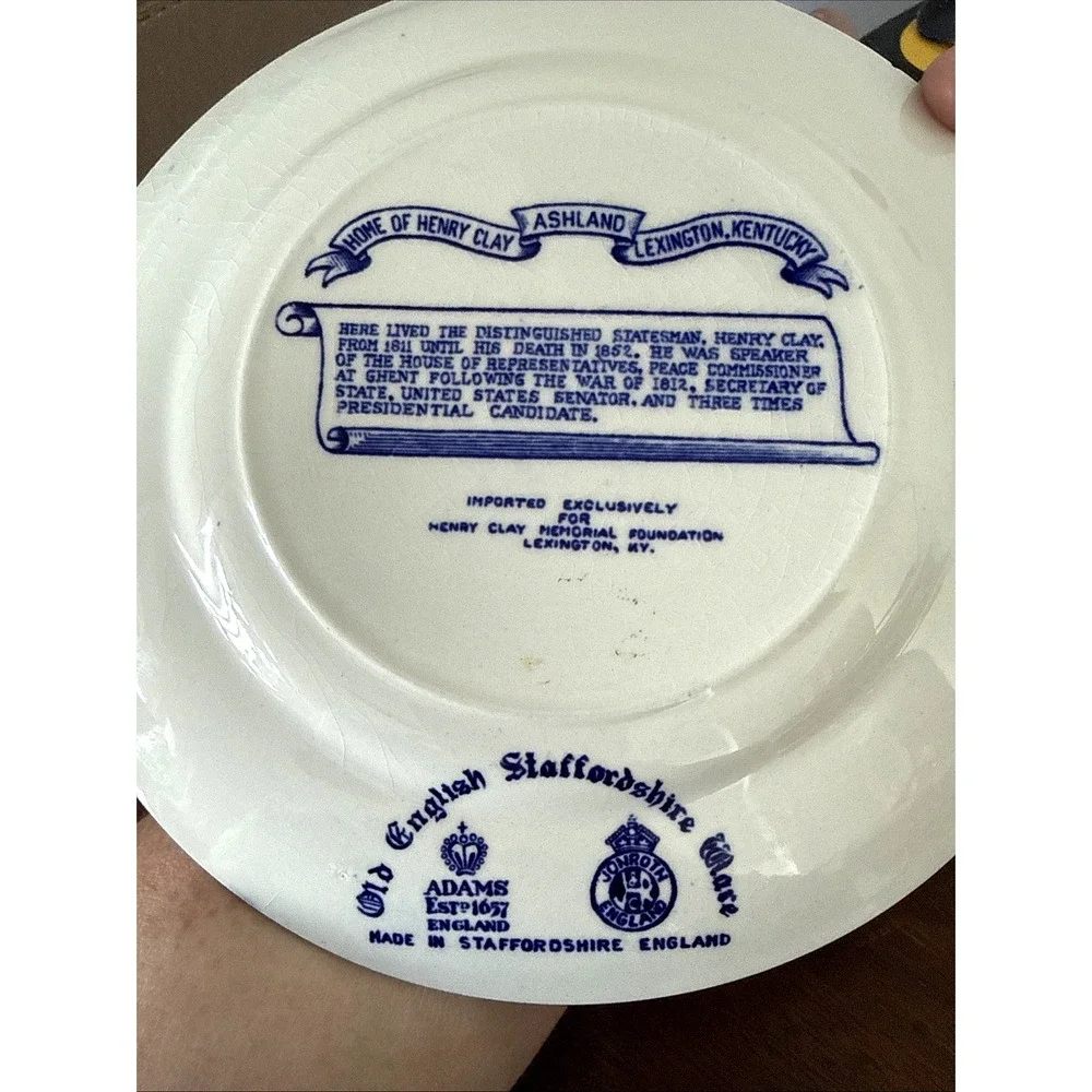 Adams Home of Henry Clay Ashland Lexington KY Blue White Plate 7 In England